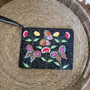 America & Beyond Embroidered Butterfly Clutch - Black and Multicolor